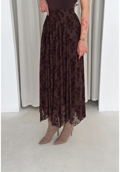 Winmoda34 Kadın Beli Lastikli Tül Baskılı Etek İçi Astarlı Asimetrik Kesim Kahverengi Winmoda34 Kadın Beli Lastikli Tül Baskılı Etek İçi Astarlı Asimetrik Kesim Kahverengi