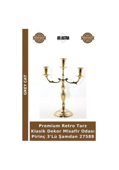 Premium Retro Tarz Klasik Dekor Misafir Odası Pirinç 3'lü Şamdan 27588 Çok Renkli
