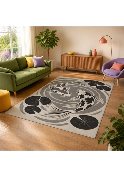 Kartela Halı Koi Balığı Desenli Halı Antrasit Kaymaz Taban Makinede Yıkanabilir 160x240 Cm