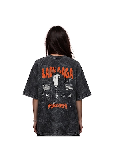 Sevbano Lady Gaga Şarkıcı Baskılı Unisex Oversize Eskitme Yıkamalı Tişört Siyah