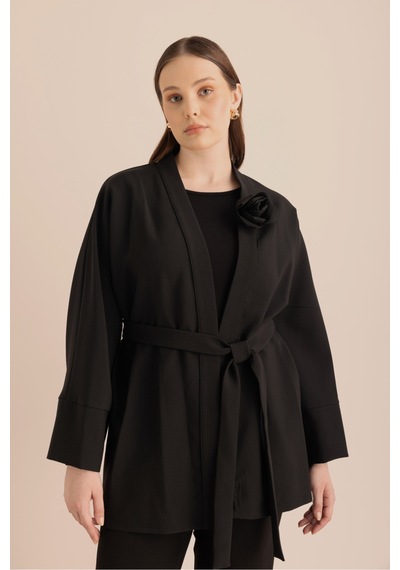 Aker Siyah Kumaş Broşlu Kimono Siyah Siyah
