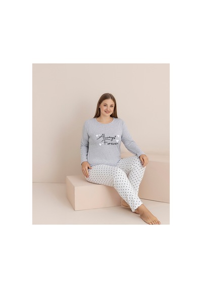 Rindahomewear Büyük Beden Süprem Uzun Kol Pijama Takımı Gri