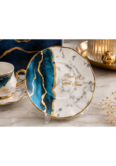 Premium Porselen 6 Kişilik Türk Kahvesi Fincan Takımı Mavi Mermer Desenli Gold Detaylı Şık Hediye Seti Çok Renkli