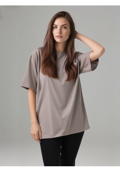 Enva Store Kadın Oversize Fit Yuvarlak Yaka Modal Basic T-shirt Tişört Bej