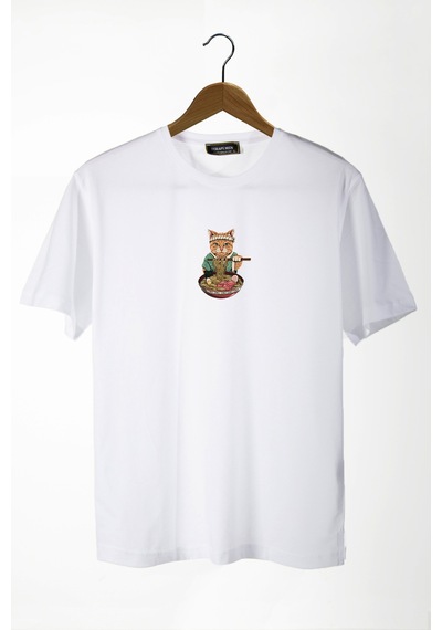 Kadın Beyaz Bisiklet Yaka Şef Kedi Baskılı Oversize T-shirt Beyaz