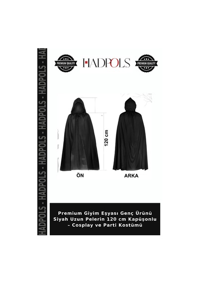 Hadpols Premium Giyim Eşyası Genç Ürünü Siyah Uzun Pelerin 120 Cm Kapüşonlu Cosplay Ve Parti Kostümü