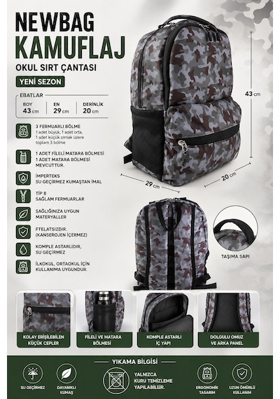 Newbag Kamuflaj Erkek Okul Sırt Çantası Yeni Sezon -gri Kamuflaj