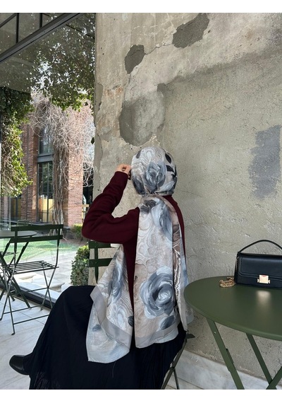 Qalortex Scarf Pamuklu Rose Desen Şal-gri/vizon Gri-vizon
