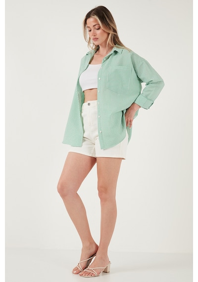 Lela Regular Fit Uzun Kollu Cepli Çizgili Bayan Gömlek 6772895 Benetton