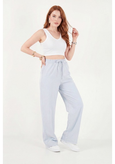Lela Pamuklu Belden Bağlamalı Yüksek Bel Geniş Paça Cepli Regular Fit Pantolon Bayan Pantolon 668yp4760 Bebe Mavi
