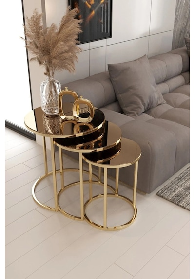 Faymend 3'lü Gold Zigon Sehpa Bronz Aynali Bronz Aynali