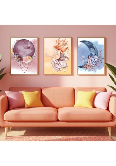 Besay Kozmik Rüya Meditasyon Ve Yoga Odası Dekorasyonu Çiçekli Kristal Ve Kadın Figürlü Poster 3'lü Set A2 Çerçevesiz