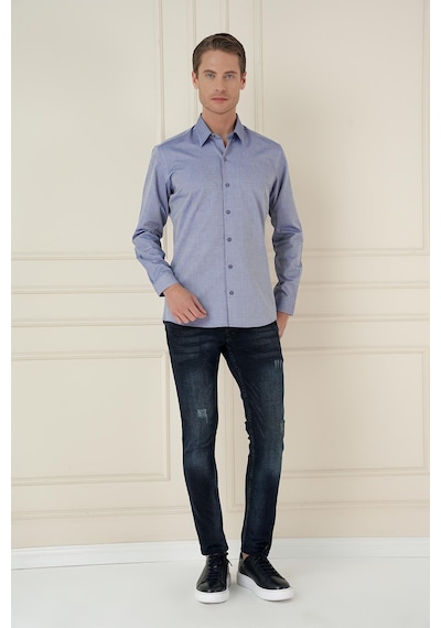 Efor Slim Fit %100 Pamuk Uzun Kol Dokulu Klasik İndigo Gömlek Gk 749 Indigo