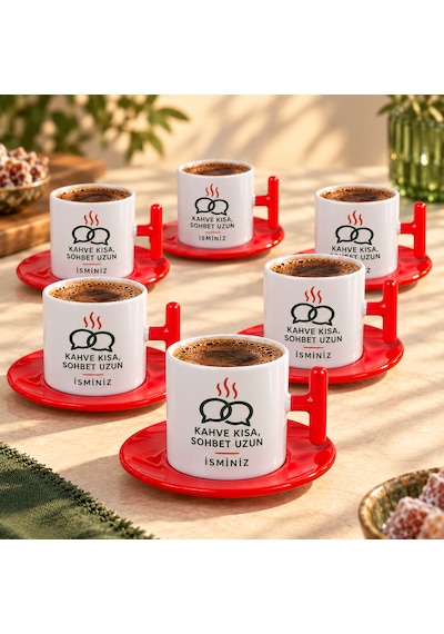 Kişiye Özel 6 Lı Türk Kahvesi Fincan Takımı 90 Ml İsimli Baskılı Porselen Kırmızı T Kulplu Set Beyaz - Kırmızı