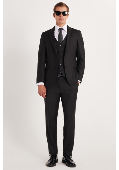 Tudors Erkek Slim Fit Siyah Esnek Likralı Kumaş Sivri Yaka Yelekli Takım Elbise-33907 Siyah