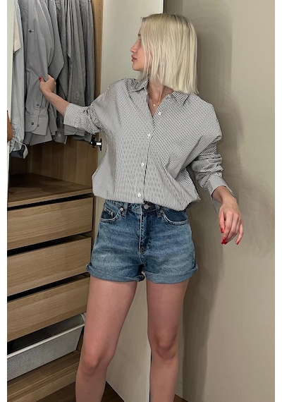 Madmext Siyah Çizgili Over Fit Gömlek Mg1525 Siyah