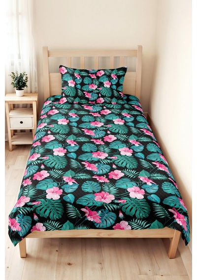 Tropikal Çiçekli Siyah Tek Kişilik Pike Takımı-botanik Yapraklı Pembe Turkuaz 160x220cm Yatak Örtüsü Bulanık Ot Nefesi