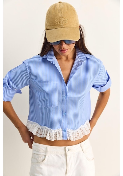 Shade Kadın Dantel Detaylı Çizgili Poplin Crop Gömlek Dg261023 60286099 - Mavi