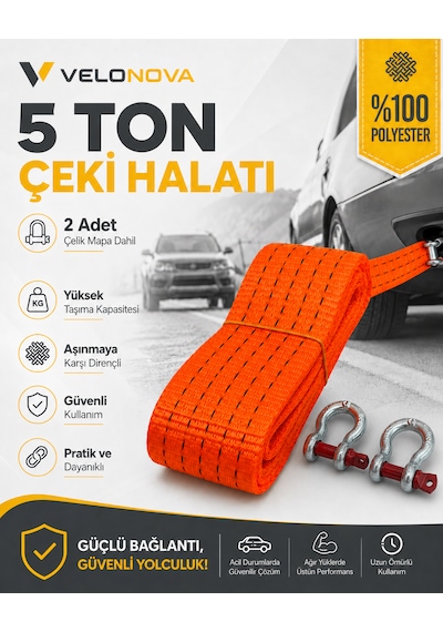 5 Ton Çekme Halatı 3 Metre 5 Cm 2 Adet Omega Kilitli Çelik Mapa Ce Belgeli %100 Polyester Araç Kurtarma Halatı Kırmızı