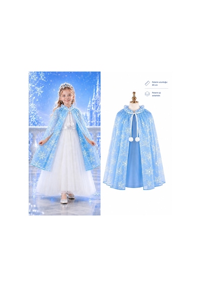 Mey İthalat Kar Tanesi Desenli Mavi Elsa Pelerini - Astarlı Frozen Pelerini 85 Cm