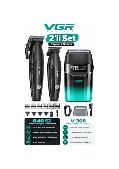V-640 S2 & V-308 3'lü Berber Tıraş Makinesi Seti 9000 Rpm Clipper Trimmer Metal Shaver