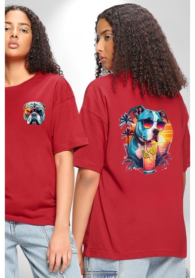 Tatil Köpek Soğuk Kokteyl İçeçek Kırmızı Oversize Unisex Ön Ve Sırt Baskılı Tişört Kırmızı