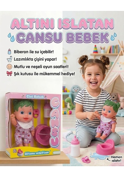 Cansu Bebek: Altını Islatan Renkli Saçlı 4 Parçalı Biberonlu Emzikli Lazımlıklı Oyuncak Bebek Seti Yeşil