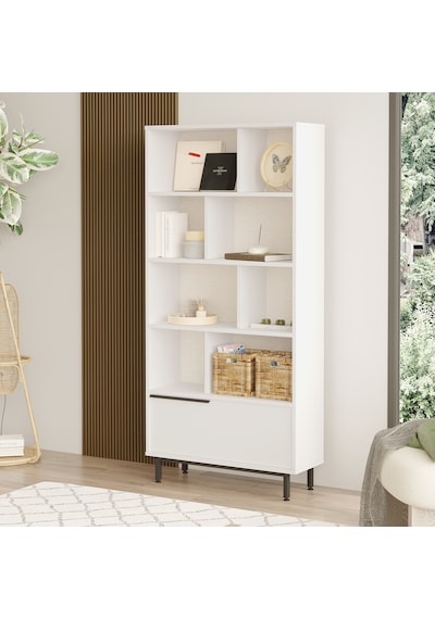 Robin Home Lidya Kitaplık Raf Metal Ayaklı 176cm Kapaklı Beyaz