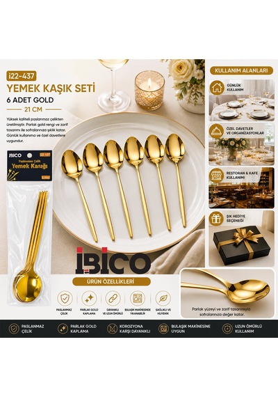 60 Parça Gold Yemek Kaşık Seti 21cm - 1 Paket İçinde 6 Adet Vardır - 10 Paket Gönderilir 5705 Çok Renkli