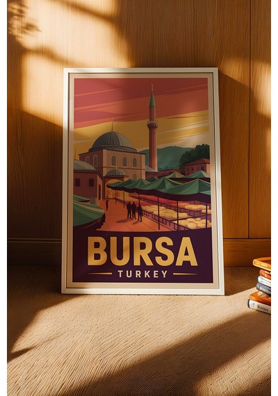 Bursa Tablo - Retro Travel Poster - Türkiye Şehir Serisi Duvar Dekoru - Çerçeve Şehir İllüstrasyonu Beyaz