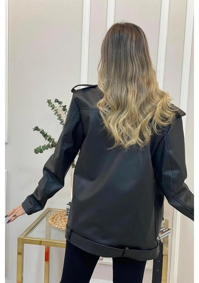 Prifaldi Uzun Oversize Siyah Kadın Deri Ceket