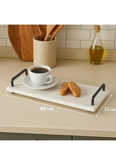 Gold Veya Siyah Metal Saplı Mermer Sunum Tepsisi 40x15 Cm Dikdörtgen Servis Tepsisi, Şık Sofra, Kahve, Peynir Ve Tatlı Sunumları İçin Siyah