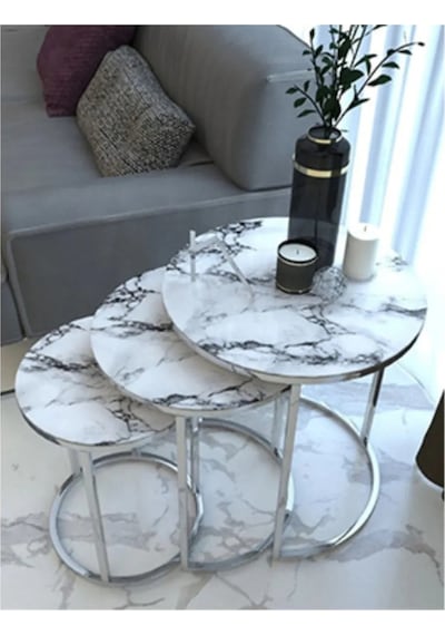 Sedaş 3' Lü Beyaz Mermer Temperli Cam Nikel Gümüş Metal Sehpa Beyaz Mermer
