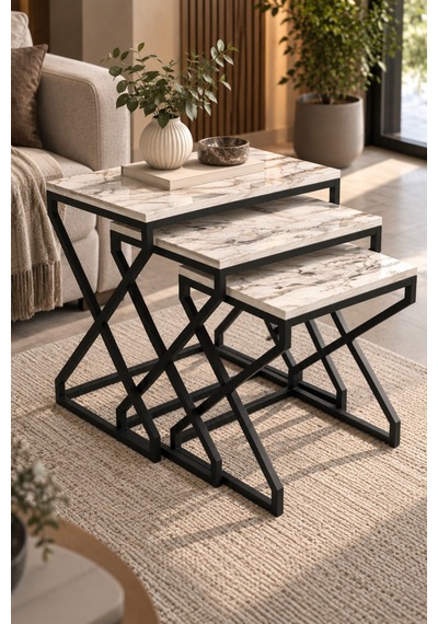 Sulorahome Modern Zigon Sehpa Seti - Beyaz Mermer Desenli Ve Siyah Metal Ayaklı Beyaz - Beyaz Mermer