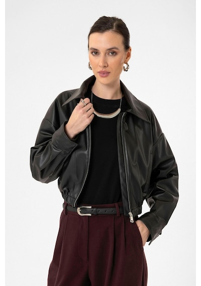 Antioch Crop Suni Deri Kadın Ceket Siyah