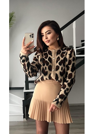 Bej Duble Piliseli Mini Etek Bej