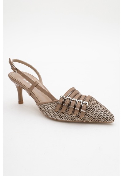 Luvishoes Luvi Shoes Zenith Koyu Bej Hasır Bantlı Tokalı Kadın Topuklu Ayakkabı Koyu Bej