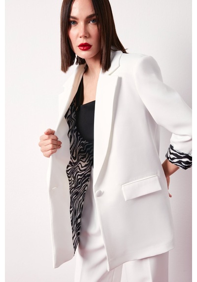 Sateen Zebra Astarlı Uzun Ceket - Ekru