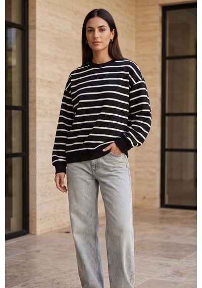 Rovebella Breton Çizgili İnce Penye Sweatshirt Siyah
