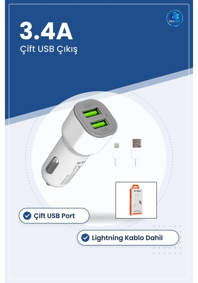 Araç Şarj Cihazı Çift Usb 3.4a 2.0a Hızlı Başlık Lightning Kablo