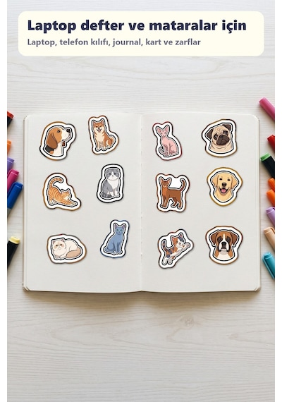 30 Adet Vektörel Kedi Köpek Sticker Seti - Laptop Defter Telefon Su Matarası İçin Çok Renkli