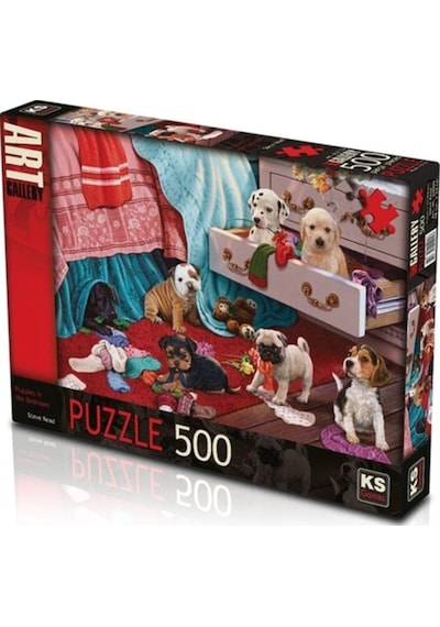 Puzzle 500 Parça Puppies In The Bedroom