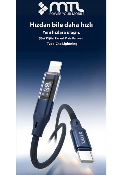 30w Pd Type-c To Apple Uyumlu iPhone Lightning Dijital Watt Göstergeli Hızlı Şarj Kablosu 1 Metre Siyah Mt2156