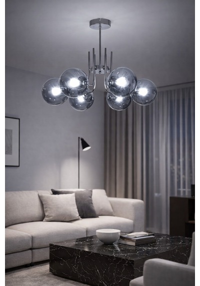 Vien Modern Tasarım Salon Yemek Odası Mutfak Gri Renk Füme Camlı Sarkıt 6 Lı Avize Gri Füme Gri Füme