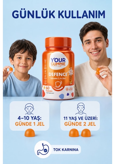 Y'our Gummie Defence C Vitamini Çinko ve D3 Gummies Portakal Aromalı 60 Gummies