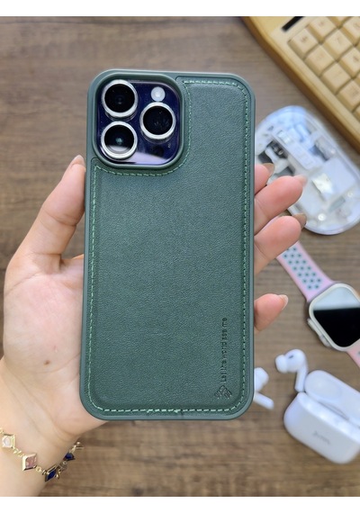 Apple iPhone 14 Pro Max Uyumlu Premium Deri Dokulu Darbelere Karşı Dayanıklı Nazal Silikon Kılıf Haki