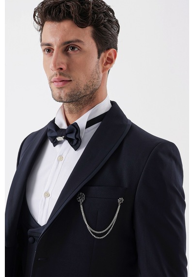 İmza Koyu Lacivert Desenli Armürlü Çıkarılabilir Şal Yaka Kruvaze 6 Drop Slim Fit Smokin Damatlık Takım 1001230214-Koyu Lacivert
