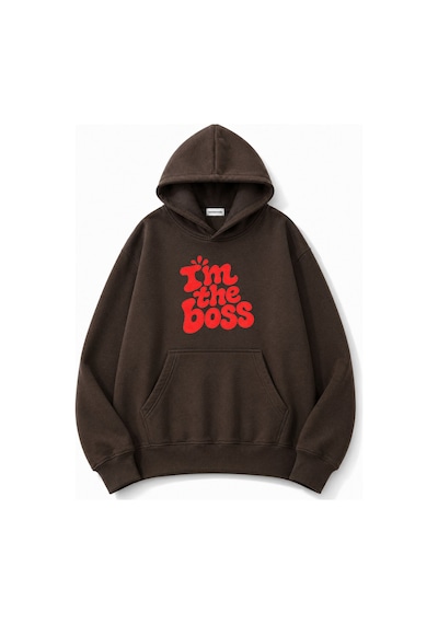 Herkesemoda Yazı Baskılı Kapüşonlu 2 İplik Şardonlu Sweatshirt Kahverengi