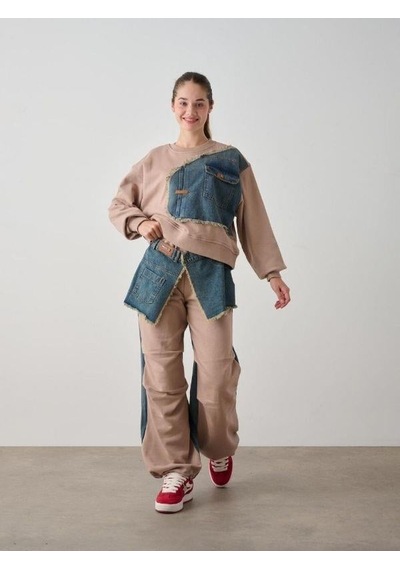 Zekids Kız Çocuk Kışlık Denim Garnilli 3 İplik Tasarım Pantolon-14776 Camel