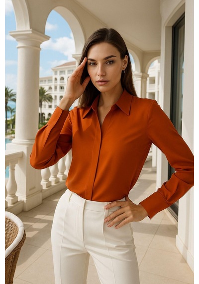 Rich Kadın Kiremit Gizli Düğme Detaylı Slim Fit Trend Krep Gömlek Çok Renkli